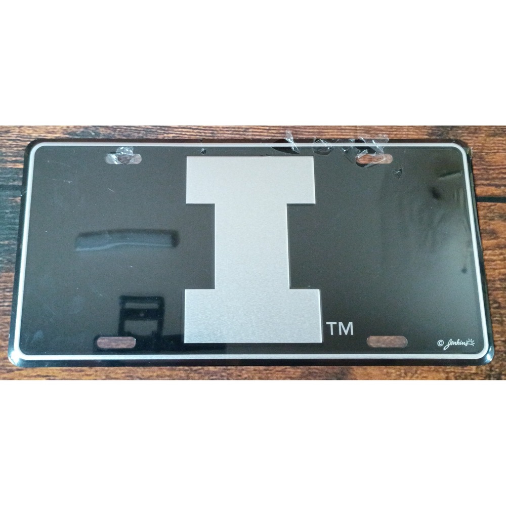 University of Illinois Fighting Illini License Plate Black Metal Silver I‎ Logo